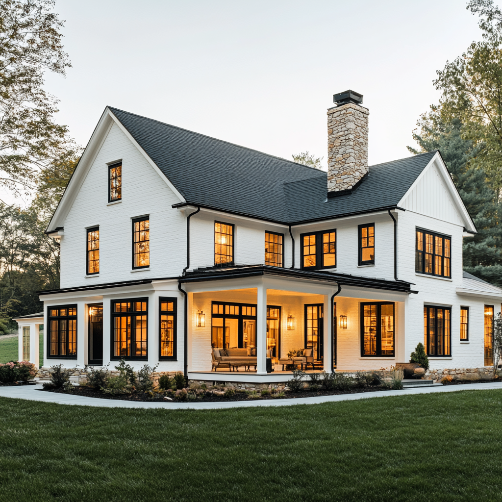 two story white house with wrap around porch on a lush green lawn